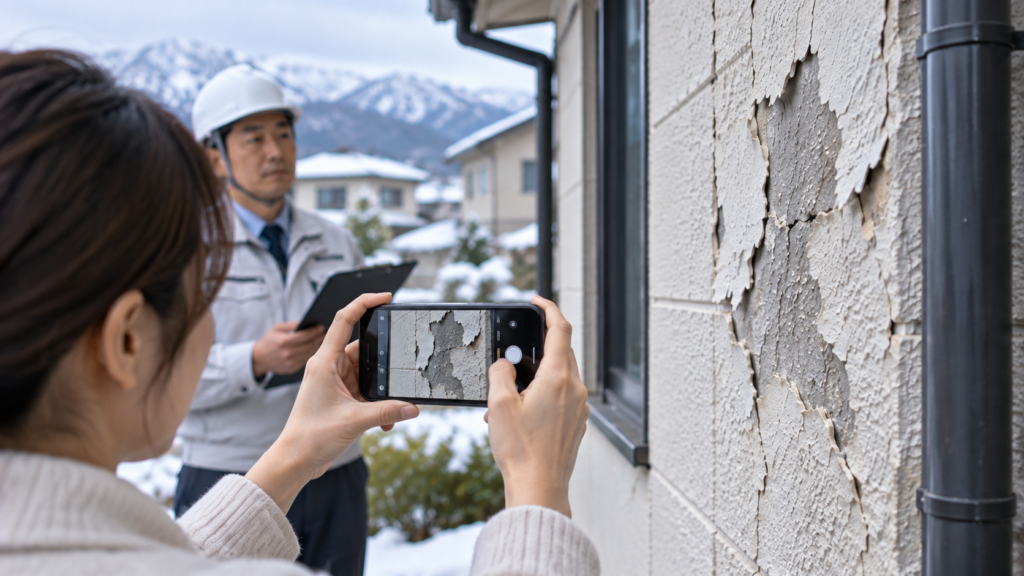 雪景色の中で外壁を調査しスマホで記録する様子